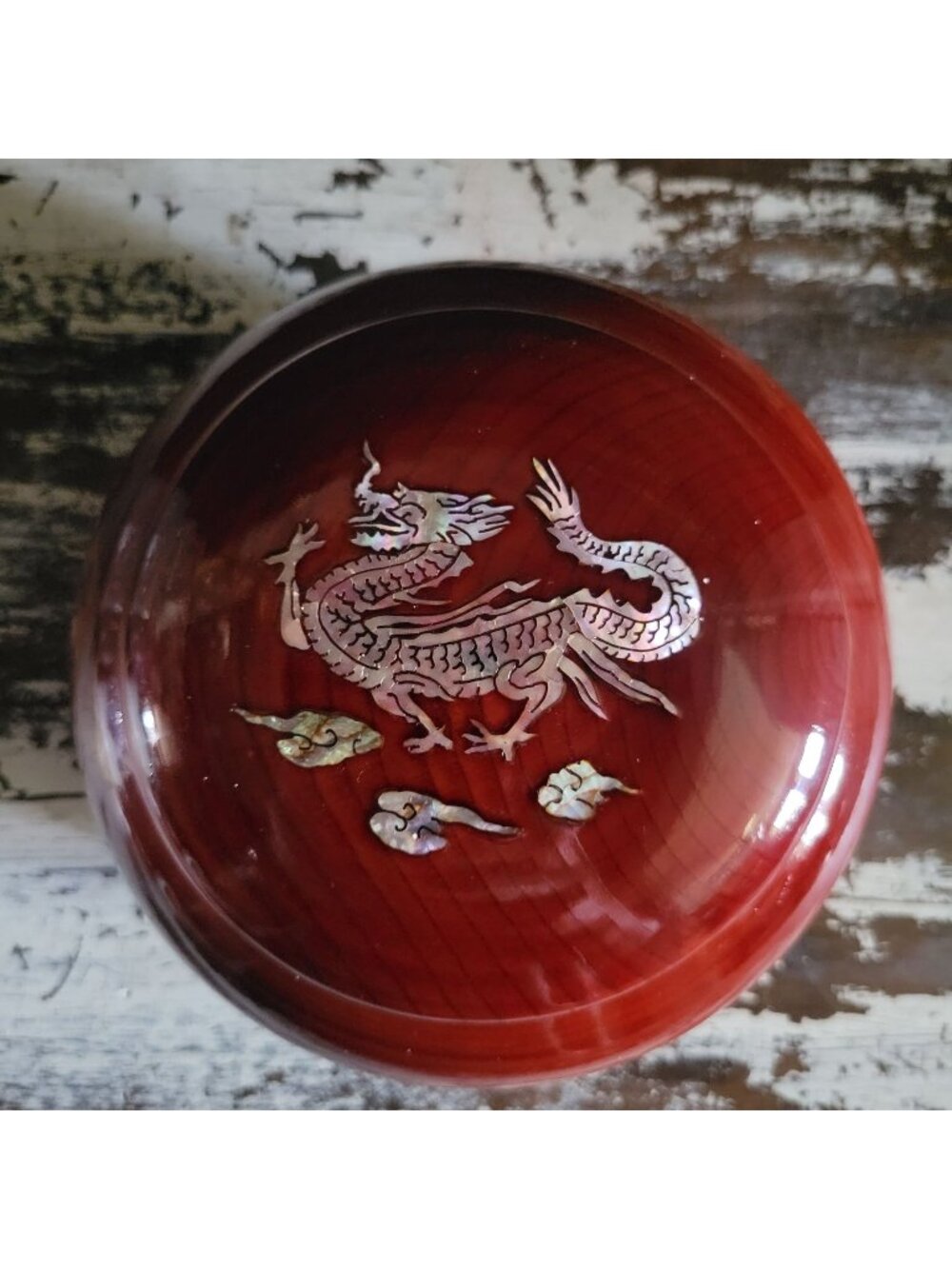 Vintage Rosewood Box With Mother Of Pearl Dragon Inlay Round Wood Box